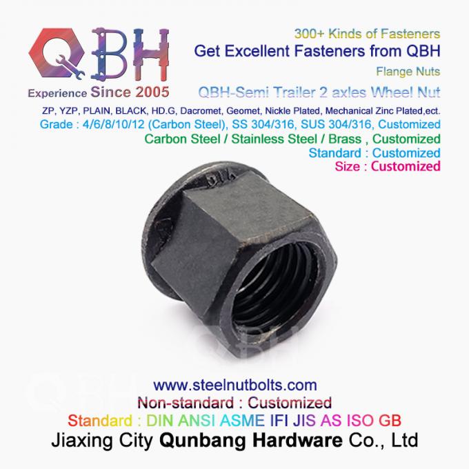 QBH Black Semi Trailer 2 Axles Non-Serrated Flange Wheel Hub Nut 1