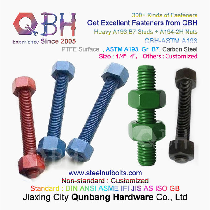 QBH PTFE 1070 Red/Blue/Black/Green Coated 1/4"-4" ASTM A193 B7 Threaded Rod Stud Bolt With A194-2H Heavy Hex Nut 3