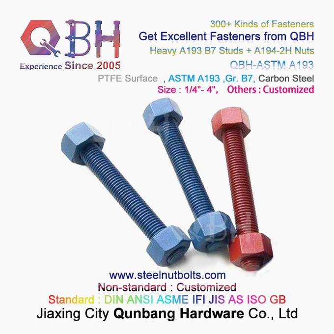 QBH PTFE 1070 Red/Blue/Black/Green Coated 1/4"-4" ASTM A193 B7 Threaded Rod Stud Bolt With A194-2H Heavy Hex Nut 2