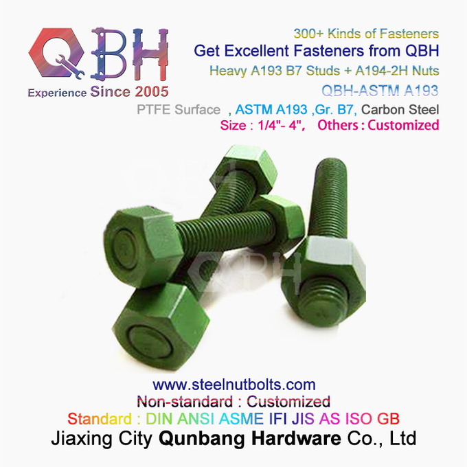 QBH PTFE 1070 Red/Blue/Black/Green Coated 1/4"-4" ASTM A193 B7 Threaded Rod Stud Bolt With A194-2H Heavy Hex Nut 1