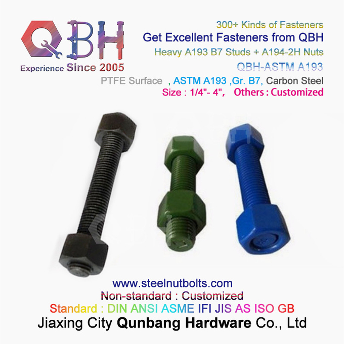 QBH PTFE 1070 Red/Blue/Black/Green Coated 1/4"-4" ASTM A193 B7 Threaded Rod Stud Bolt With A194-2H Heavy Hex Nut 0