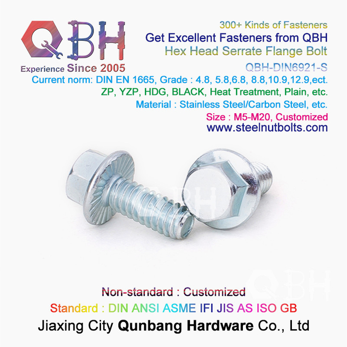 QBH DIN6921 M5-M20 Blue White Zinc Plated / Black / Plain Carbon / Stainless Steel Serrated Flange Self-Locking Bolt 2