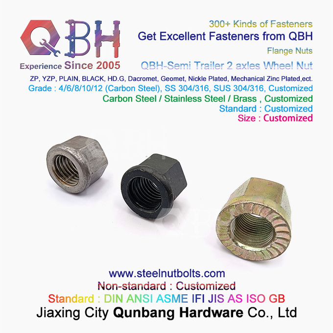 QBH Black Semi Trailer 2 Axles Non-Serrated Flange Wheel Hub Nut 5