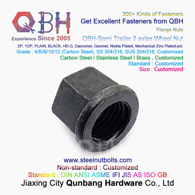 QBH Black Semi Trailer 2 Axles Non-Serrated Flange Wheel Hub Nut 0