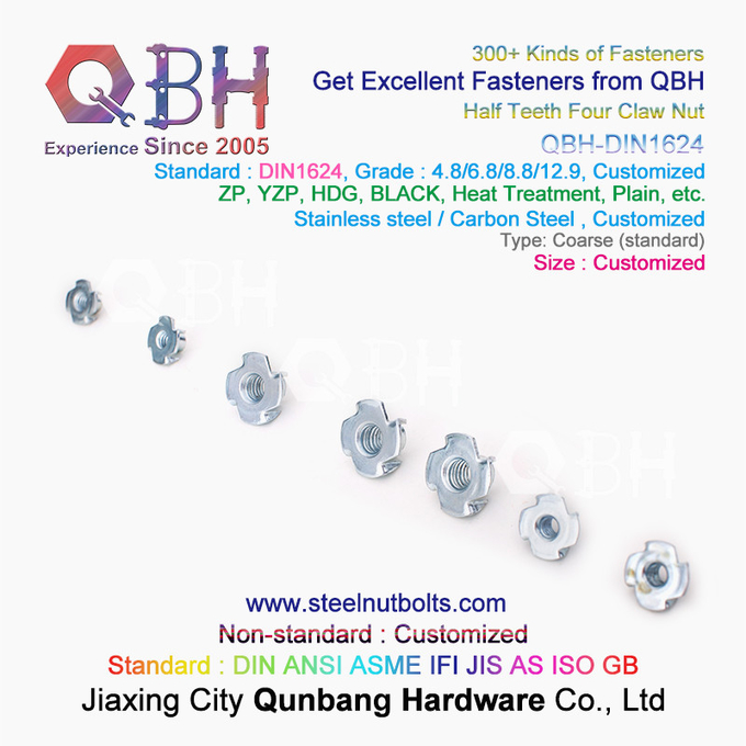 QBH M4-M10 DIN1624 Blue White  Yellow Zinc Plated Carbon Steel Half Teeth Four Claw T Nuts 4