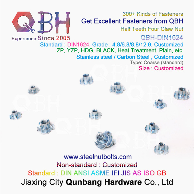 QBH M4-M10 DIN1624 Blue White  Yellow Zinc Plated Carbon Steel Half Teeth Four Claw T Nuts 3