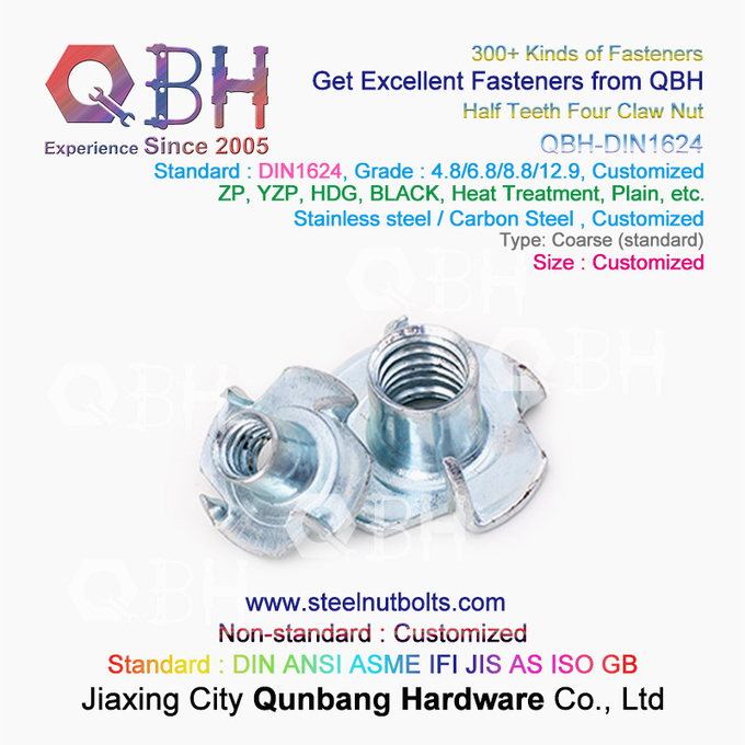 QBH M4-M10 DIN1624 Blue White  Yellow Zinc Plated Carbon Steel Half Teeth Four Claw T Nuts 2