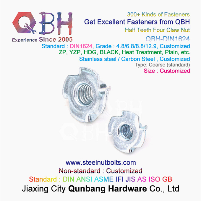 QBH M4-M10 DIN1624 Blue White  Yellow Zinc Plated Carbon Steel Half Teeth Four Claw T Nuts 1
