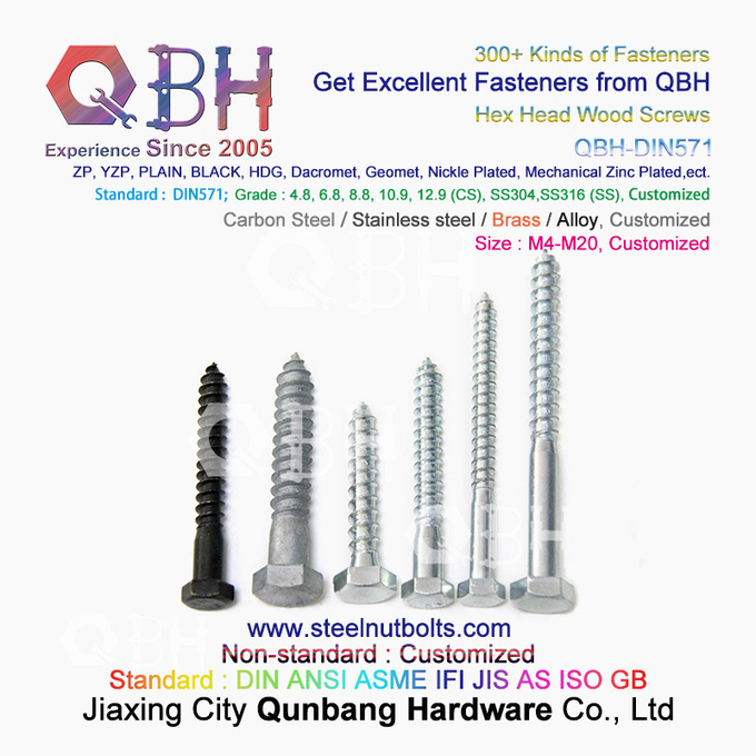 QBH DIN571 M4-M20 Black Hot DIP Galvanizing Plain Carbon Steel Hexagon Head Wood Screws 5